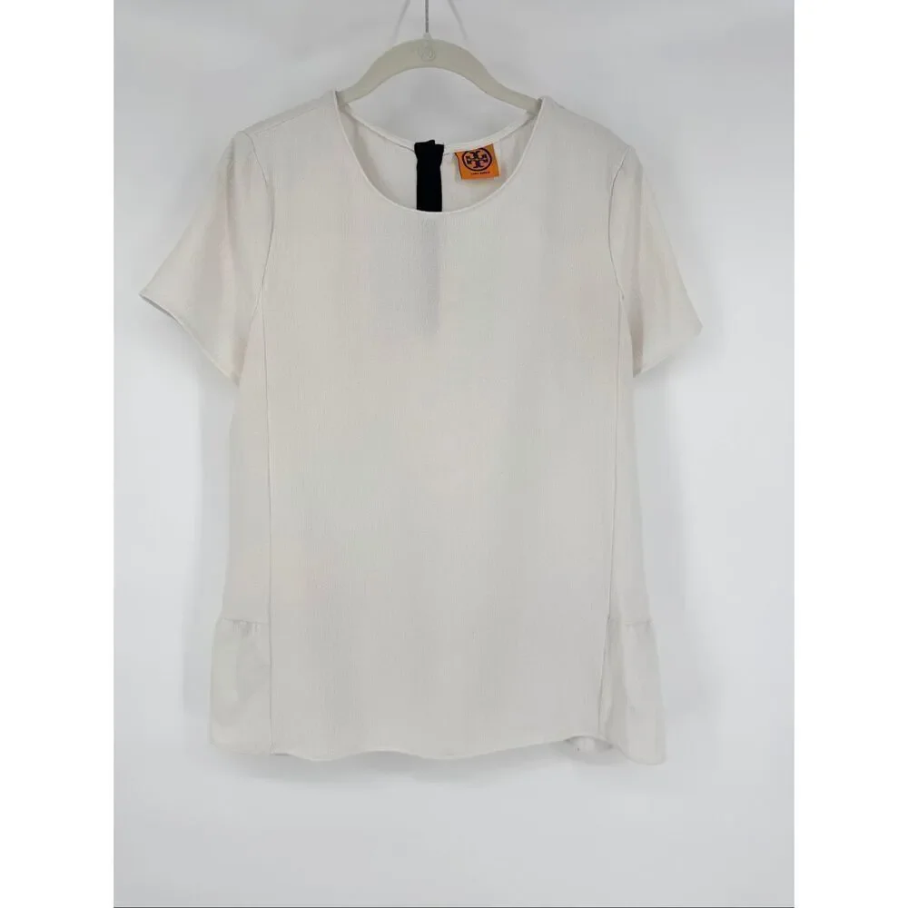 Tory Burch Ivory Back Ruffle Blouse Short Sleeve Textured Top Women Size Large *